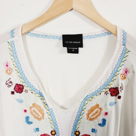 Liv Los Angeles 1X Long Sleeve Creamy White Embroidered Top, Boho, Bohemian - Picture 8 of 16